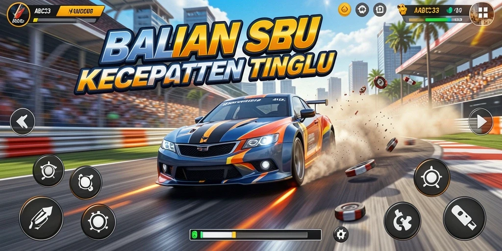 Screenshot gameplay ABC33 menunjukkan balapan yang mendebarkan dan mobil yang kencang.