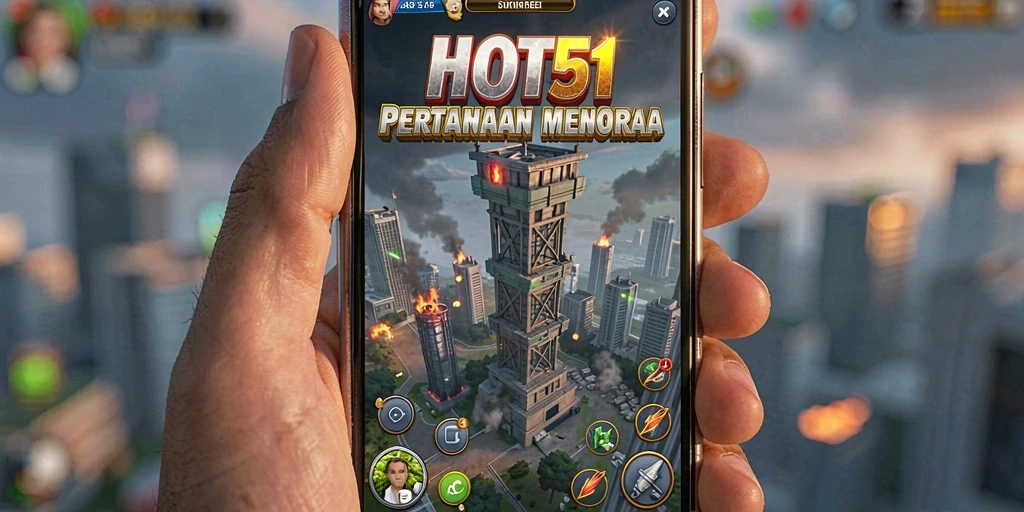 Screenshot dari gameplay HOT51 menunjukkan menara pertahanan yang aktif melawan musuh.