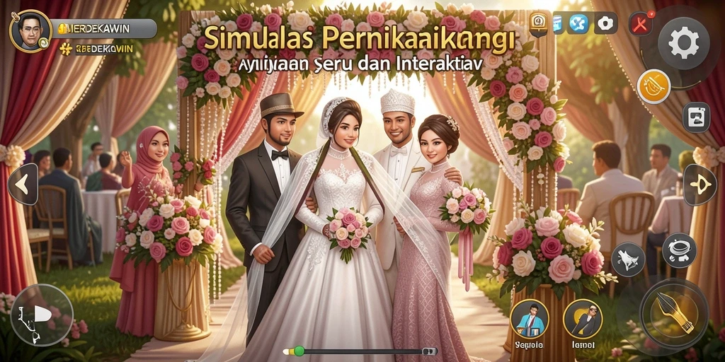 Tampilan gameplay seru MERDEKAWIN dalam simulasi pernikahan.