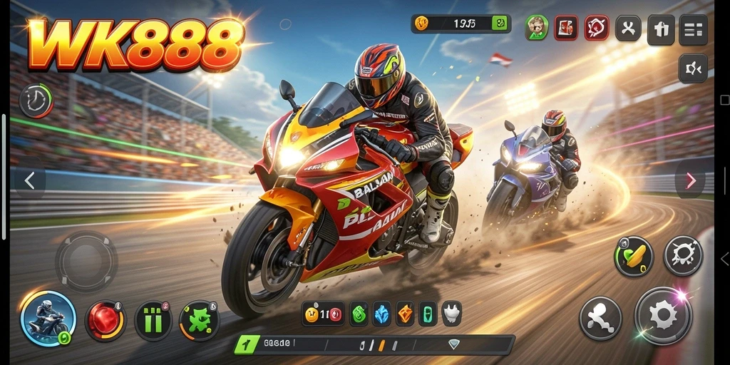 Tampilan gameplay <strong>WK888</strong> dengan balapan motor seru di lintasan yang menantang.
